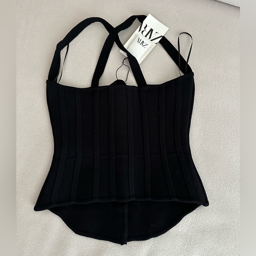 ZARA NEW WITH TAGS BLACK CROSS BACK KNIT CORSET TOP BUTTON FRONT SIZE XSMALL - Picture 5 of 11